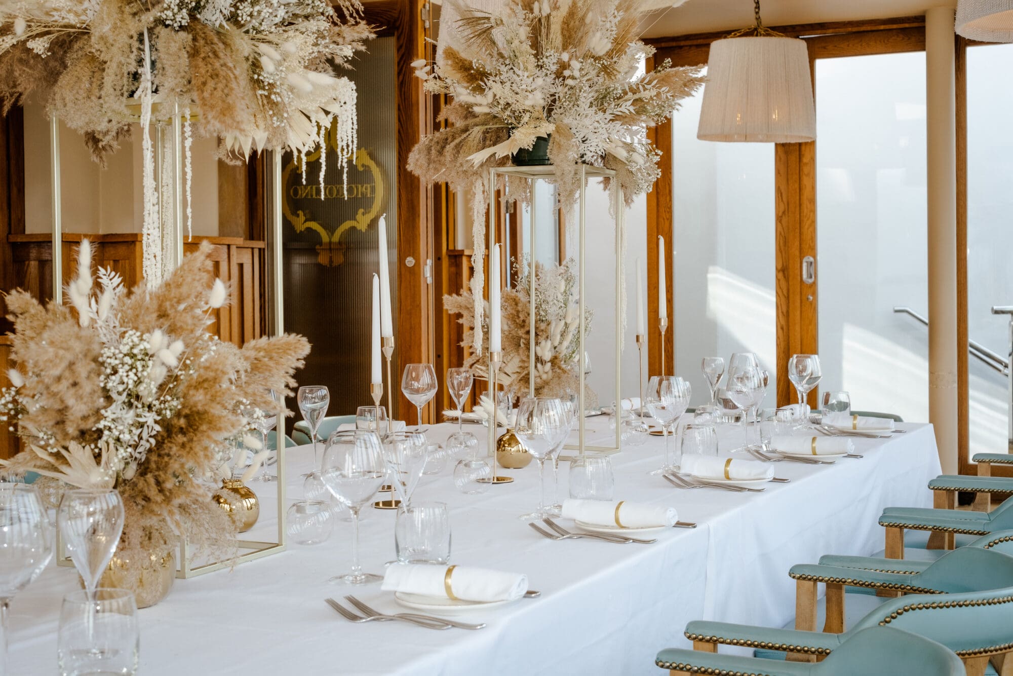 Table set for wedding reception.